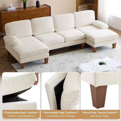 110" Sectional Couches for Living Room,U Shaped Couch with Double Chaise, 4-Seat Sofa Set with Chenille Fabric for Home Furniture,Beige3