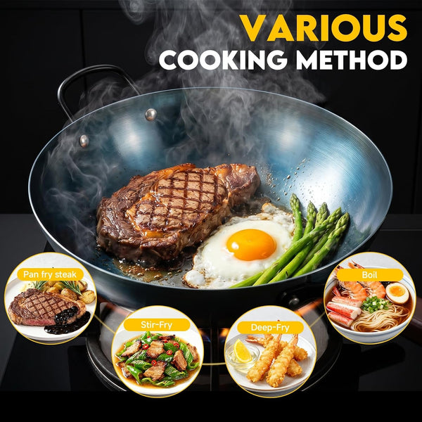 13.5" Blue Carbon Steel Wok, Pre-Seasoned Flat Bottom Wok Pan | Pre-Seasoned, No Chemical Coating, Rust-Resistant Blue Tempering, Fits Gas/Induction/Electric Stoves, Ideal for Stir-Fry9