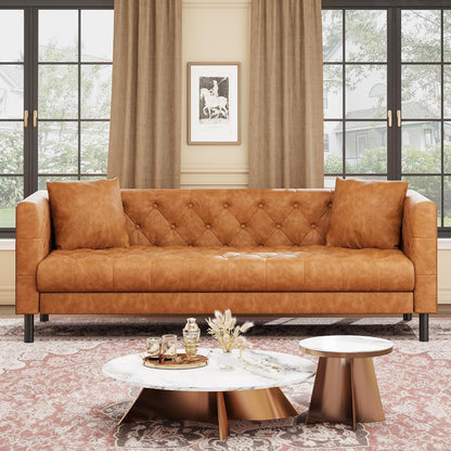 81" Leather Couch for Living Room, Chesterfield Sofa with Deep Seat, Handmade Button Tufted 3 Seater Sofa, Modern Leather Sofa for Apartment, or Office, Cognac Tan1