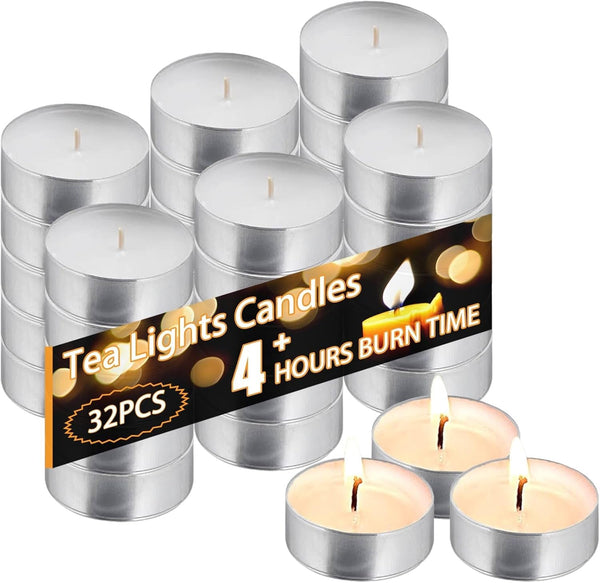 Tea Light Candles 32Pcs, 4 Hour Long Time Burning, Bulk White Unscented Smokeless Tea Candles for Home, Shabbat, Weddings, Events, Emergencies (32Pcs-White)1