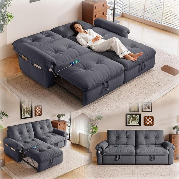 77" Queen Size Sofa Bed, Loveseat Sleeper Sofa with Pull Out Bed, Pockets and USB, Modern 2 Seater Convertible Small Couch for Living Room Bedroom Apartment, Gray1