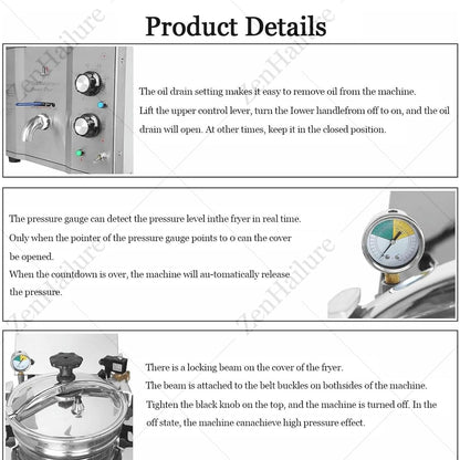 16L Commercial Electric Pressure Fryer,Stainless Steel Countertop Chicken Fryer with Safety Lock,Oil Drain Thermostat Control for Restaurant and Food Truck Use6