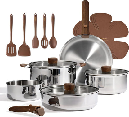 19Pcs Tri-Ply Stainless Steel Cookware Set with Detachable Handle | Pots and Pans Set, Even Heating, Non-Toxic, Induction Compatible, Dishwasher& Oven Safe, Space Saving, RV Cooking,Woodgrain1