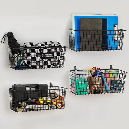 4 Set [EXTRA LARGE] Hanging Wall Mount Storage Baskets with Adhesive Hooks & Steel Hooks, Multiuse Sturdy Wire Metal Organizing Baskets for Home Kitchen Bathroom Pantry Utility Organizer, Black8