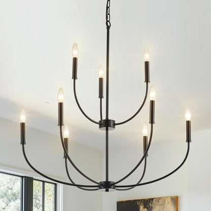 9-Light Black Chandelier for Entryway, Modern Farmhouse Dining Room Light Fixture, Industrial Candle Pendant Light for Foyer Stairway Living Room1
