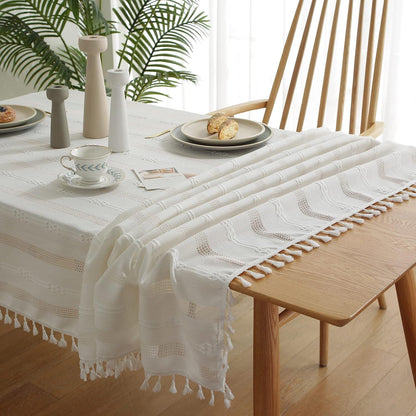 Rustic Stripe Embroidered Tablecloth Heavy Square Tassel Cotton Linen Table Cloth Wrinkle Free Washable Table Cover for Kitchen Dinning Party Holiday White 55X55 Inch5