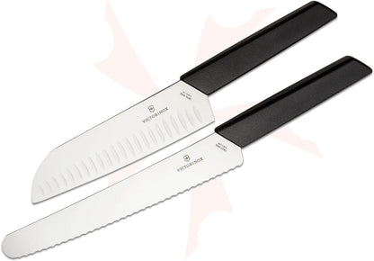 VICTORINOX 2 Piece Santoku and Bread Knife Set, Black, Light & Sharp for Various Foods, Dishwasher Safe, Swiss Madan, Gift Box, 6.9093.22G3