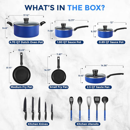 20-Piece Blue Cookware Set with Knives - Includes Multi-Sized Pots and Pans Set Non Stick with Lids and Utensils, Heat Resistant, Dishwasher Safe3