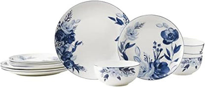 Darcy Bone China Lightweight Chip Resistant 12 Piece Dinnerware Set, Service for 4,Blue and White1