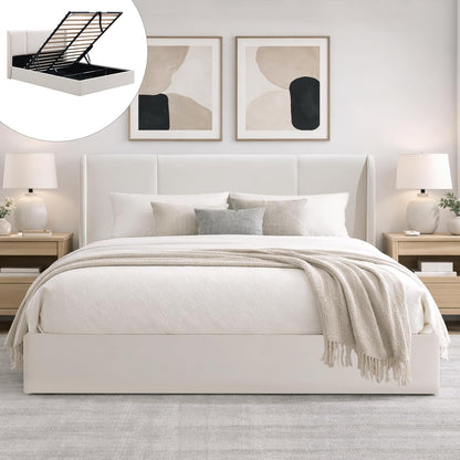 Queen Lift up Storage Bed Frame, Velvet-Look Upholstered Bed with Modern Wingback Headboard, Gas Lift Storage, Wood Slat Support, No Box Spring Needed, White1