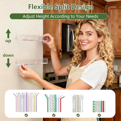 9.5" Large Acrylic Straw Holder for Cabinet Door - Reusable Tumbler Straw Organizer Storage, Small Kitchen Accessories Container, Ultra Sticky Cupboard Door Mounted (Transparent)7