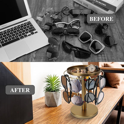 360° Rotating Sunglass Organizer Storage, Stainless Steel Glasses Holder Stand, Glasses Organizer with Tray for Desk, Dresser, Tabletop, Nightstand and Home Decor (Gold) | Stainless Steel Stand with 360 Rotation Holds 9 to 12 Pairs. Top Tray Stores Rings, and Keys for Desk, Dresser, Nightstand2