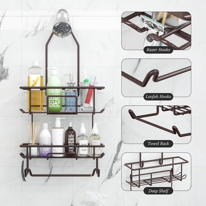 Shower Caddy Hanging over Shower Head Rust Roof Shower Organizer with 10 Hooks for Razor Shampoo Holder Bathroom Shower Rack Storage Shelf with Towel Bar – Bronze2
