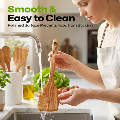 Wooden Spoons for Cooking, 8-Piece Teak Wood Kitchen Utensils for Nonstick Cookware, Heat Resistant Wooden Cooking Utensils Set with Smooth Finish, Long Handle Wooden Spatula Tongs Whisk Set2