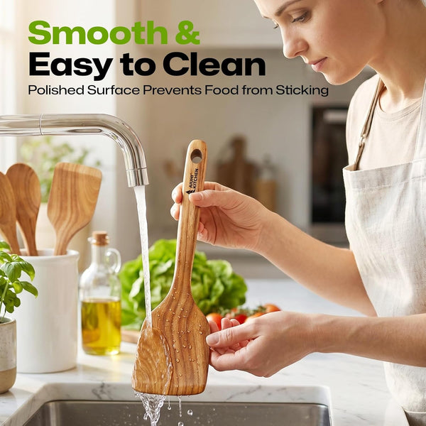 Wooden Spoons for Cooking, 8-Piece Teak Wood Kitchen Utensils for Nonstick Cookware, Heat Resistant Wooden Cooking Utensils Set with Smooth Finish, Long Handle Wooden Spatula Tongs Whisk Set2