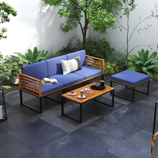 5 Pieces Patio Conversation Set, Acacia Wood Chair Set with Ottoman & Coffee Table, Comfy Seat & Back Cushions, Outdoor Wood Furniture Set for Backyard, Poolside, Garden2