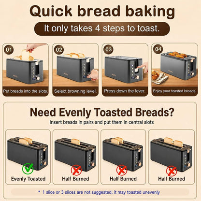 4 Slice Toaster, Long Slot Toaster with Warming Rack, Timer, Bagel, Defrost, Reheat Functions, Crumb Tray, 6 Browning Settings, Extra Wide Long Slots, Stainless Steel, 1300W, Grey7
