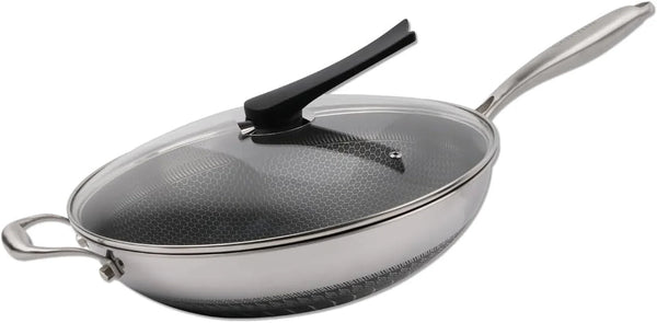 14" Honeycomb Non Stick Wok Pan Stainless Steel Stir-Fry Wok with Lid,Skillet with Stay-Cool Handle PFOA Free Suitable for Induction, Ceramic, Electric, and Gas Cooktops (Sliver, 14 Inches)2