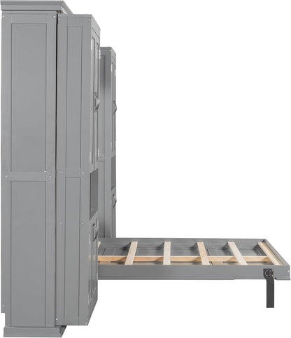 Modern Full Murphy Bed with Dual Sliding Doors Storage Cabinets, Wood Hidden Wall Bed with Dual 6-Tier Side Shelves, Large-Capacity& Space-Saving (Gray-12.9)8
