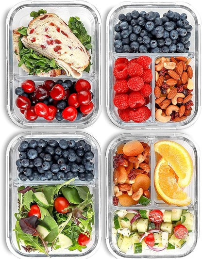 Glass Meal Prep Containers 2 and 3 Compartments, Leak-Proof, 32 Oz, 4 Pack1
