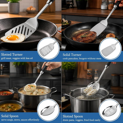 4PCS Stainless Steel Cooking Spatula Spoon Set, Metal Cooking Utensils Set with Anti-Scald Handle, Heat Resistant Kitchen Utensils Set with Turners, Serving Spoon, Ladle, Skimmer, Pasta Server6
