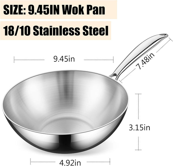 5 Ply Clad Stainless Steel Wok Pan with Lid/Steamer, No Coating Non-Stick Flat Bottom Wok, Even Heating Frying Pans, Compatible with All Cooktops,No Lid,9.45In2
