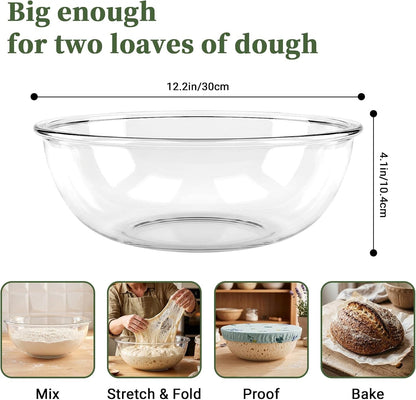 Glass Mixing Bowls 6.3 QT with Reusable Beeswax Bowl Covers for Sourdough Bread Making, 12 Inch Thickened Clear Large Salad Bowls for Kitchen Baking, Food Prep, Prepping, Microwave & Dishwasher Safe4