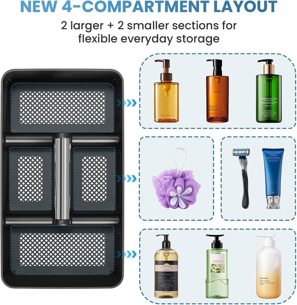 Plastic Shower Caddy Dorm: Portable Cleaning & Shower Caddy with Handle, 4 Divided Compartments, All-Side Drainage, Rigid Plastic Basket Tote for College Dorm & Bathroom Use, Black/Silver6