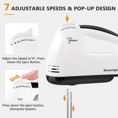 Electric Hand Mixer - 7 Adjustable Speed 180W Handheld Mixer Electric Whisk with 5 Stainless Steel Accessories, Turbo Boost/Self-Control Speed + Eject Button Food Beater for Cakes Eggs, Off-White5
