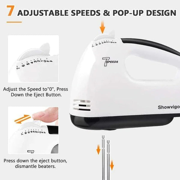 Electric Hand Mixer - 7 Adjustable Speed 180W Handheld Mixer Electric Whisk with 5 Stainless Steel Accessories, Turbo Boost/Self-Control Speed + Eject Button Food Beater for Cakes Eggs, Off-White5