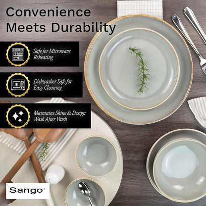 16-Piece Stoneware Dinnerware Set for 4, Glossy Cream/Green Big Dinner Plates and Bowls Sets with Reactive Glaze, Ceramic Dish Set, Modern Dishes, Microwave & Dishwasher Safe, Resona Moss4