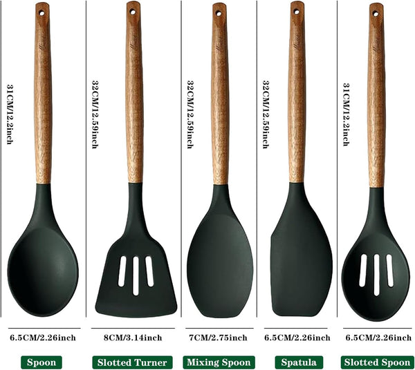 Non-Stick Silicone Cooking Utensils Set with Natural Acacia Hard Wood Handle, 5 Piece, High Heat Resistant (Green)4