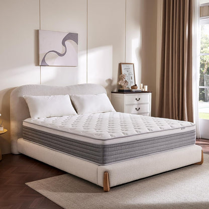 12 Inch Queen Mattress, Comfort Foam & Pocket Coil Hybrid Mattress in a Box, Medium Firm Cooling Breathable Knit Cover, Motion Isolation & Edge Support, Gray & White1