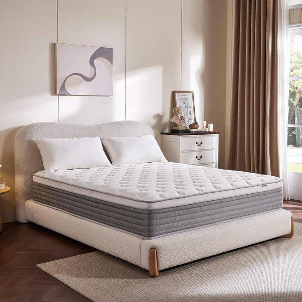 12 Inch Queen Mattress, Comfort Foam & Pocket Coil Hybrid Mattress in a Box, Medium Firm Cooling Breathable Knit Cover, Motion Isolation & Edge Support, Gray & White1