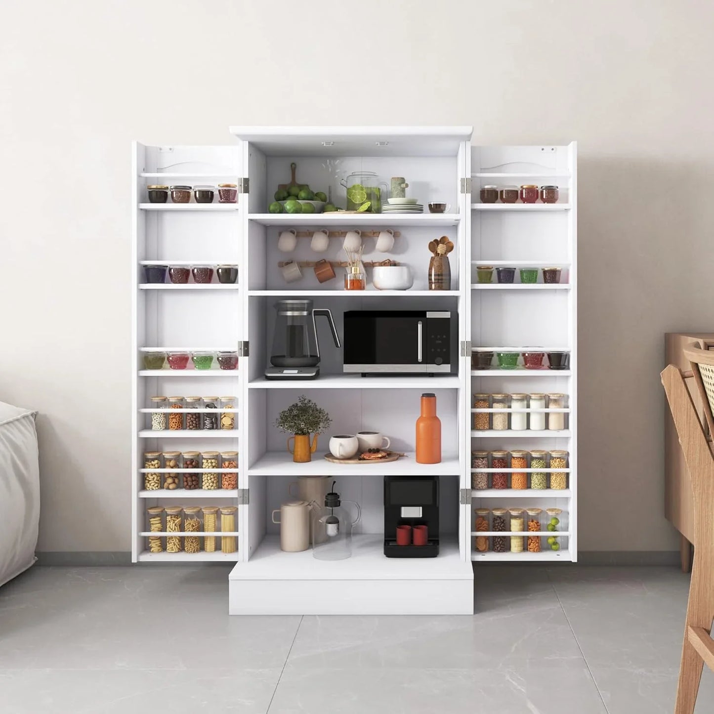 White freestanding kitchen pantry cabinet with open doors, adjustable shelves, coffee maker, microwave, jars, cups, and kitchen essentials