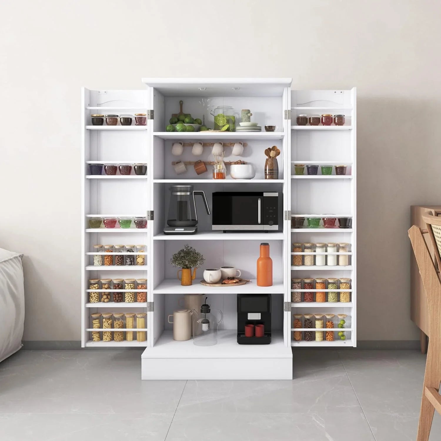 White freestanding kitchen pantry cabinet with open doors, adjustable shelves, coffee maker, microwave, jars, cups, and kitchen essentials