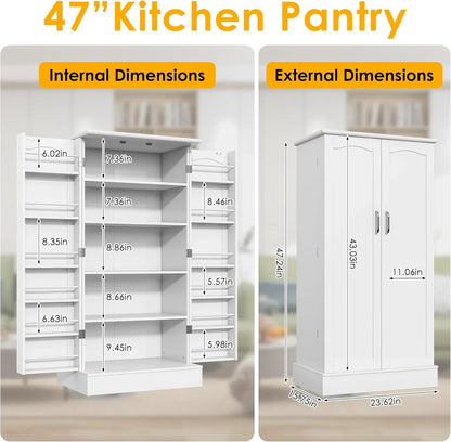 47-inch white kitchen pantry cabinet with double doors, adjustable shelves, internal and external dimensions
