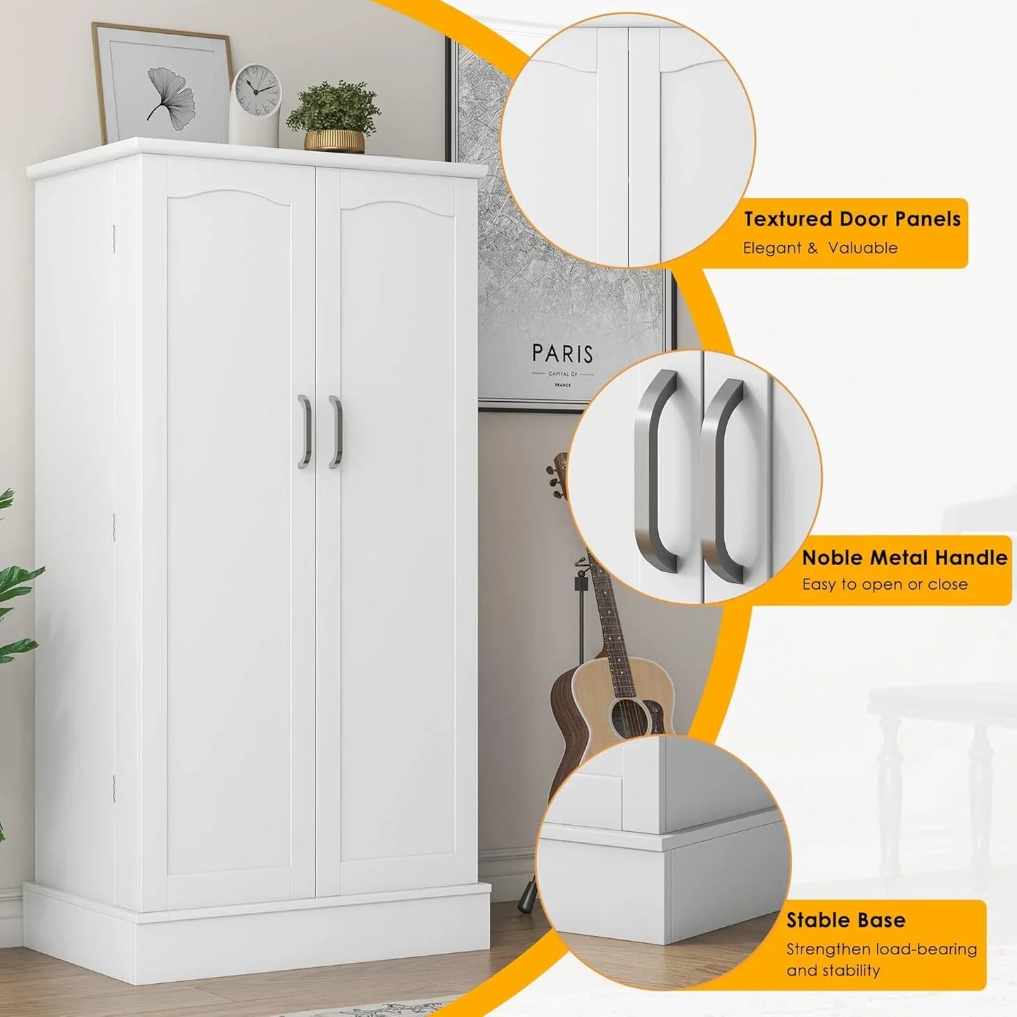 White freestanding pantry cabinet with textured doors, metal handles, stable base, kitchen storage