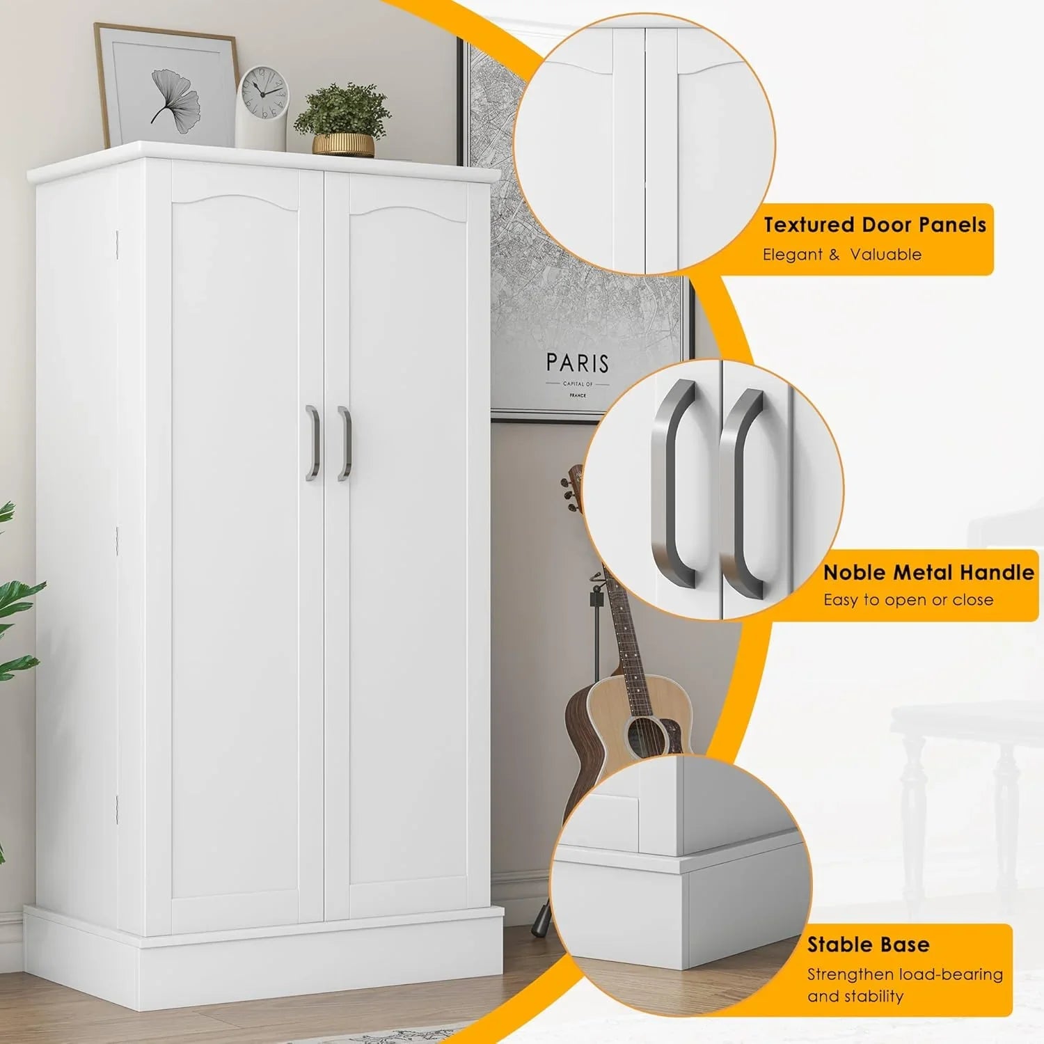 White freestanding pantry cabinet with textured doors, metal handles, stable base, kitchen storage