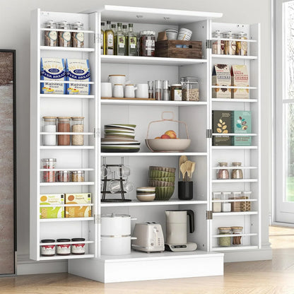 White freestanding kitchen pantry cabinet with open doors, adjustable shelves, jars, bowls, plates, and appliances inside