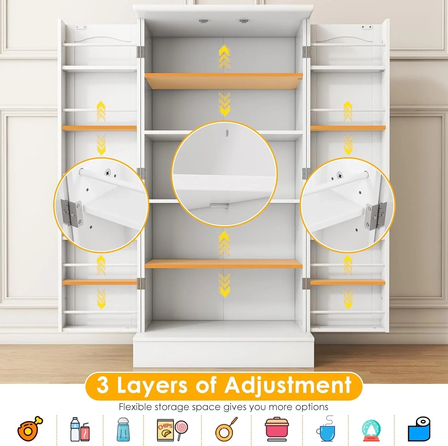 White freestanding pantry cabinet with doors open showing adjustable wooden shelves and flexible storage space