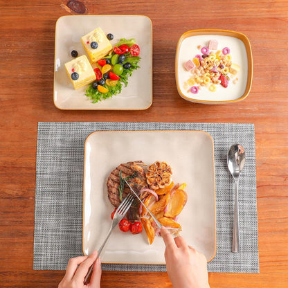 Ceramic Square 12 Pieces Dinnerware Set - Dinner Plates Salad Plates Cereal Bowls Set Service for 4 - Scratch Resistant Microwave Oven Dishwasher Safe - Beige5