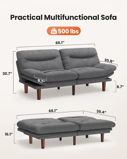 Amada Convertible Corduroy Futon Sofa Bed, 66 Inch, Gray2