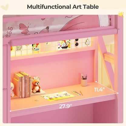 Kids Low Loft Bed Twin Size with Desk and 7 Storage Drawers, Pink9