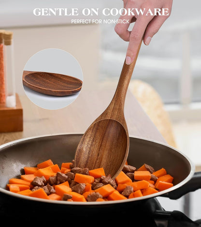 2PCS Wooden Spoons for Cooking, Natural Acacia Wood Cooking Spoons, Large Serving Spoons for Nonstick Cookware, Heat Resistant Durable Wooden Kitchen Utensils for Mixing Salad, Serving and Stirring3