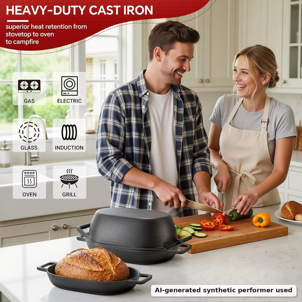 12"X8" Oval Cast Iron Dutch Oven for Bread Baking，Pre-Seasoned Combo Cooker with Lid, Perfect for Sourdough, Artisan Loaves & Family Meals,5 Qt6