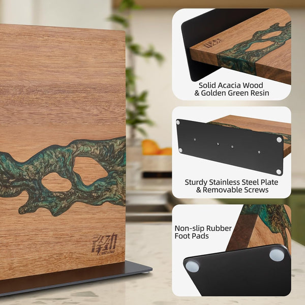 Magnetic Knife Block, Double-Sided Knife Holder with Strong Magnets, Acacia Wood and Golden Green Resin, Countertop Kitchen Knife Storage Stand (12 × 10 Inches, without Knives)7