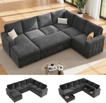104" Sectional Sleeper Sofa Bed, 7 Seat Pull Out Couch with Storage, Gray1