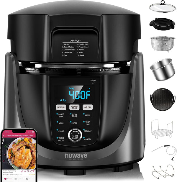 Duet Electric Pressure Cooker & Air Fryer Combo W/Probe, 450-In-1 | Slow Cooker & Grill, Integrated Digital Temp Probe, 6Qt SS Pot, Adjustable High/Low Pressure, Built-In Sure-Lock Safety Tech1