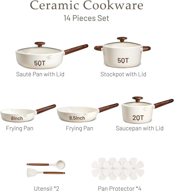 Ceramic Cookware Sets, Pots and Pans Set Non Stick, Non Toxic Healthy Induction Cookware, 14 Pcs Nonstick Kitchen Pots and Pans Set, PFAS PTFE Free, Dishwasher Safe3